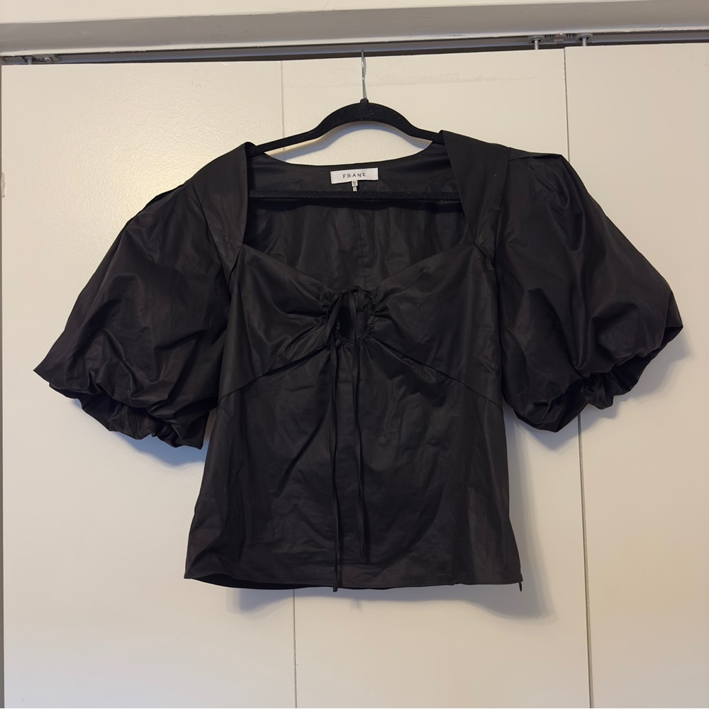 FRAME Black Puff Sleeve Tie-Front Top